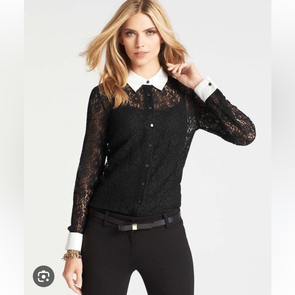 Ann Taylor Black Lace Blouse with White Collar